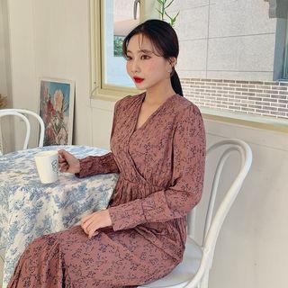 Crinkled Floral Long Wrap Dress