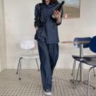 Set: Pocket-front Denim Shirt + Denim Wide-leg Pants