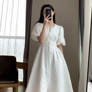 Crew-neck Plain Puff-sleeve Zip Dress