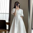 Crew-neck Plain Puff-sleeve Zip Dress
