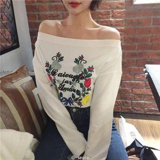 Off Shoulder Long Sleeve Floral Embroidered T-shirt