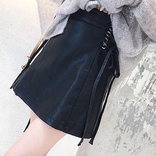 Faux Leather Lace Up A-line Mini Skirt