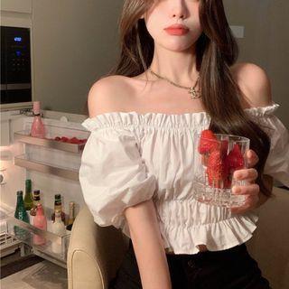 Off-shoulder Ruffle Trim Cropped Blouse White - One Size
