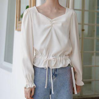 Long-sleeve Drawstring Blouse Almond - One Size
