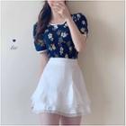 Short-sleeve Floral Printed Top / Plain A-line Mini Skirt