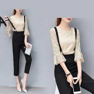 Set: 3/4-sleeve Lace Top + Cropped Suspender Dress Pants
