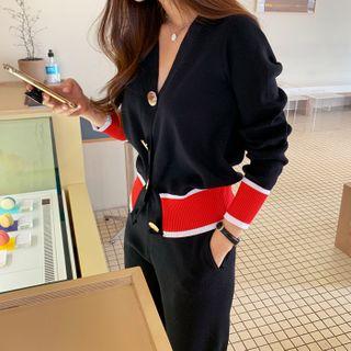 Set: Piped Cardigan + Wide-leg Pants Black - One Size