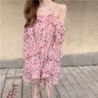 Cold-shoulder Chiffon Floral Dress Floral Pink - One Size