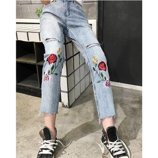 Ripped Embroidered Straight-cut Jeans