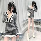 Patterned Knit Mini Bodycon Dress Black & White - One Size