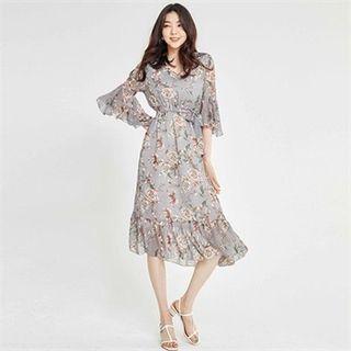 Ruffle-sleeve High-waist Chiffon Dress