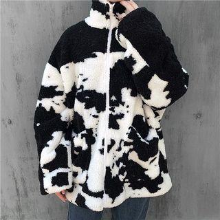 Color-block Turtle-neck Faux Shearling Long-sleeve Zip Jacket