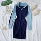 Long-sleeve Colored Panel Knit Bodycon Dress