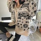 Patched Patterned Cardigan Beige - One Size