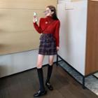 Turtle Neck Sweater / Plaid Mini A-line Skirt