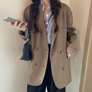 Double-breasted Blazer / Striped Shirt / Wide-leg Dress Pants