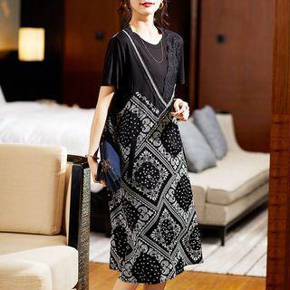 Elbow-sleeve Mock Two-piece Lace Trim Midi A-line Dress