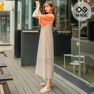 Plus Size Double-strap Floral Long Pinafore Dress