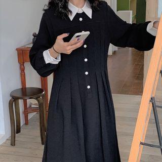 Long-sleeve Collar Midi A-line Dress Black - One Size