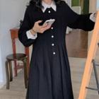 Long-sleeve Collar Midi A-line Dress Black - One Size
