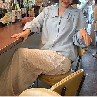 Puff Sleeve Shirt / Midi Crinkled Skirt