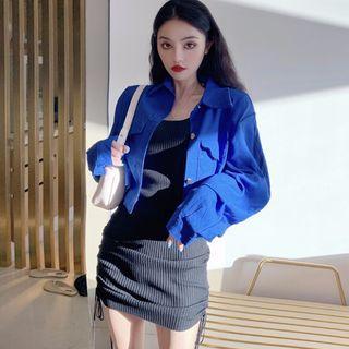 Cropped Button Jacket / Drawstring Spaghetti Strap Mini Sheath Dress