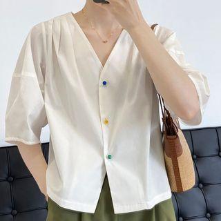 Short-sleeve Contrast Button Blouse