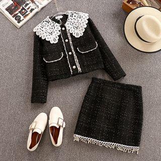 Set: Lace Collar Tweed Jacket + Mini Pencil Skirt