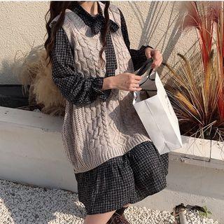 Plaid Long-sleeve A-line Dress / Cable-knit Vest