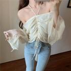 Halter-neck Long-sleeve Drawstring Cropped Blouse / Mini Straight-fit Skirt