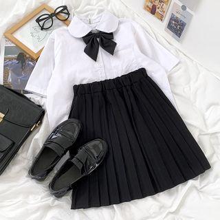 Short-sleeve Bow Shirt / Pleated Mini A-line Skirt