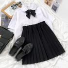 Short-sleeve Bow Shirt / Pleated Mini A-line Skirt