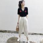 Flower-embroidered Button-down Knit Top / Harem Pants