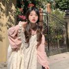 Mock Two-piece Long-sleeve Floral Print Panel Midi A-line Dress Pink & Beige - One Size