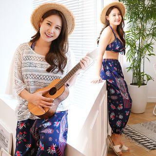 Set: Halter Swim Top + Printed Swim Bottoms + Printed Cover-up Pants + Elbow Sleeve Cover-up
