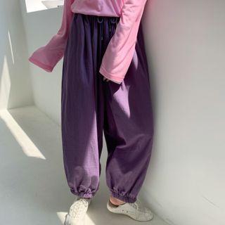 Long-sleeve Plain T-shirt / Drawstring Loose-fit Straight-cut Sweatpants