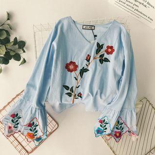 Bell-sleeve Embroidered V-neck Top
