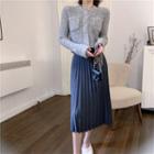 Plain Loose-fit Knit Cardigan / Pleated Skirt