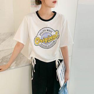 Round-neck Printed Letter Drawstring Oversize Top White - One Size