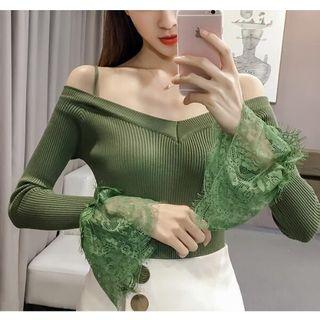 Off-shoulder Lace Cuff Long-sleeve Knit Top