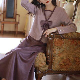 Set: Long-sleeve Bow Accent Button-up Top + Midi A-line Skirt