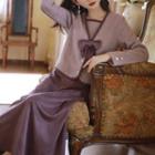 Set: Long-sleeve Bow Accent Button-up Top + Midi A-line Skirt