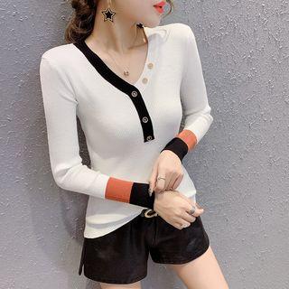 Long-sleeve Contrast Trim Buttoned Placket Knit Top