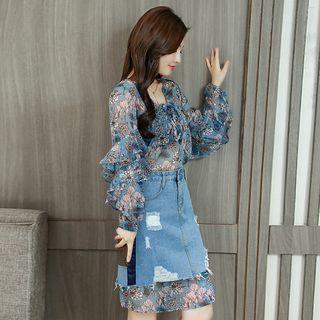 Set: Flower Print Long-sleeve Dress + Distressed Denim Skirt +tube Top