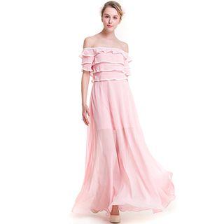 Tiered Off-shoulder Short-sleeve Maxi Dress