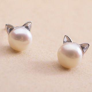925 Sterling Silver Pearl Cat Earrings