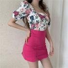 Floral Short-sleeve Square-neck Cropped Blouse / Slit Mini Pencil Skirt