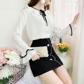 Set: Flared-cuff Ruffled Blouse + Mini A-line Skirt