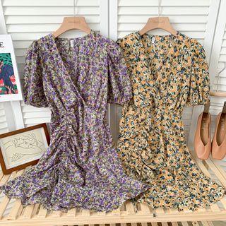 Deep V-neck Drawstring Floral Mini Dress