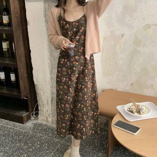 Plain Cardigan / Floral Print Spaghetti-strap Midi A-line Dress